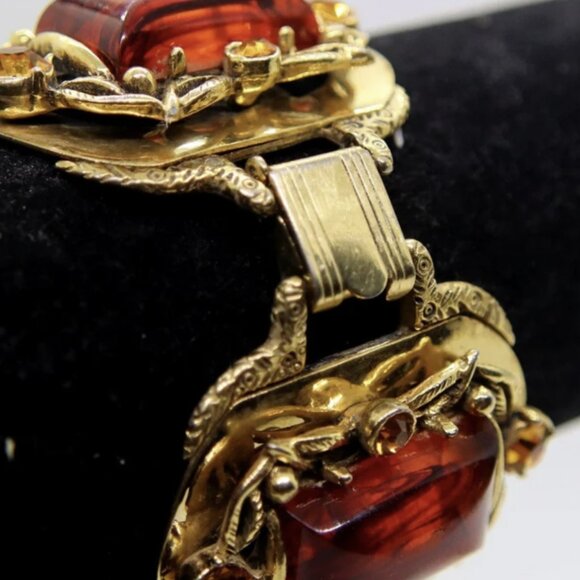 Vintage 1950s Selro Art Deco Tortoise Shell Lucite Bracelet Gold Tone & Stones - Picture 3 of 6